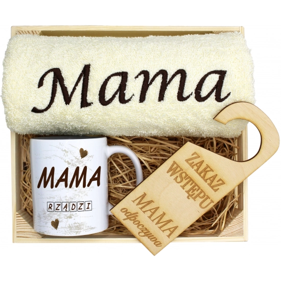 KOMPLET DLA MAMY RĘCZNIK Z HAFTEM + KUBEK 330ml NA PREZENT DZIEŃ MATKI MAMA
