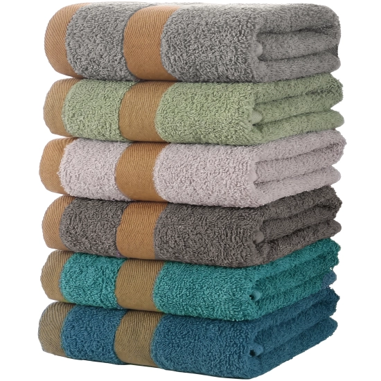 Złożony komplet 6 ręczników do rąk PRIMO 100% bawełna 50x100 cm w kolorach ziemi na jasnym tle.