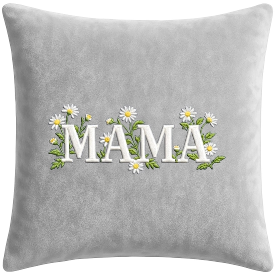 Jasnoszara poduszka welurowa 40x40 z eleganckim, białym haftem MAMA w otoczeniu polnych stokrotek i zielonych liści.