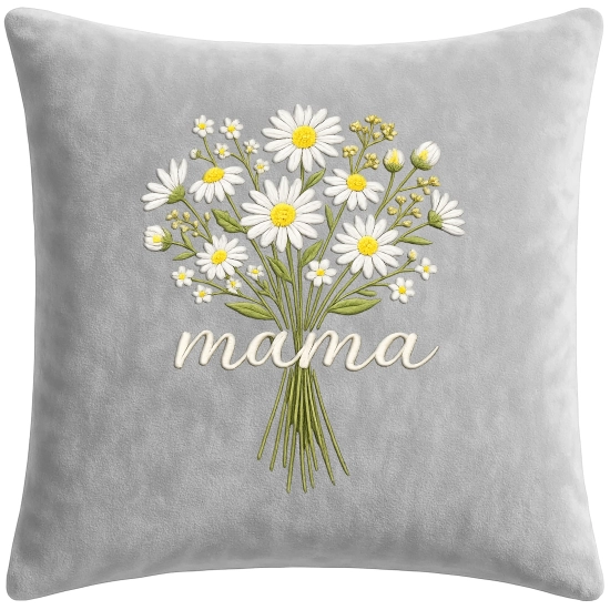 Jasnoszara poduszka welurowa 40x40 z eleganckim haftem przedstawiającym duży bukiet białych stokrotek i subtelny napis mama.
