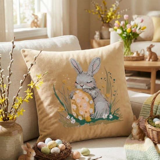 POSZEWKA DEKORACYJNA PREMIUM WELUROWA 40x40 Z HAFTEM WIELKANOCNA VELVET