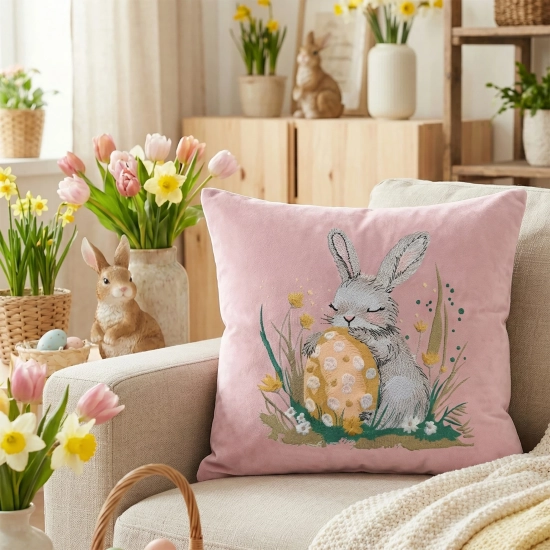 POSZEWKA DEKORACYJNA PREMIUM WELUROWA 40x40 Z HAFTEM WIELKANOCNA VELVET