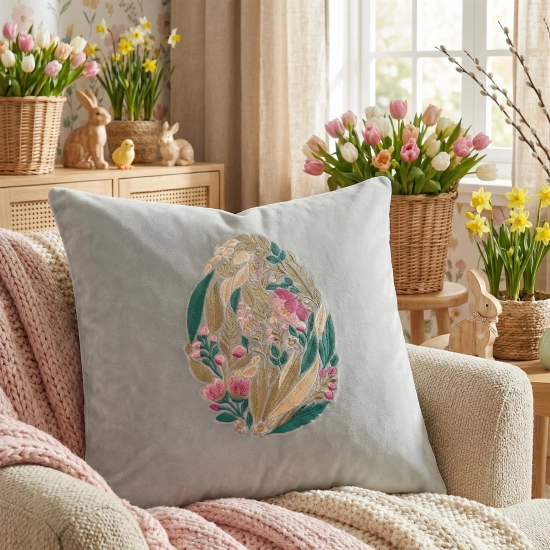 POSZEWKA DEKORACYJNA PREMIUM WELUROWA 40x40 Z HAFTEM WIELKANOCNA VELVET