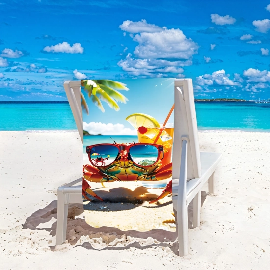 Duży ręcznik plażowy XXL z mikrofibry w morskie żółwie przewieszony przez biały leżak stojący na białym piasku na tle turkusowego oceanu