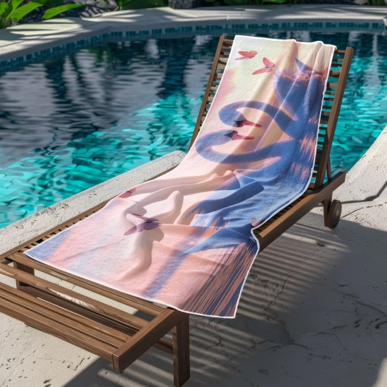 Rozłożony na leżaku basenowym chłonny ręcznik z mikrofibry z motywem łabędzi tworzących serce szyjami