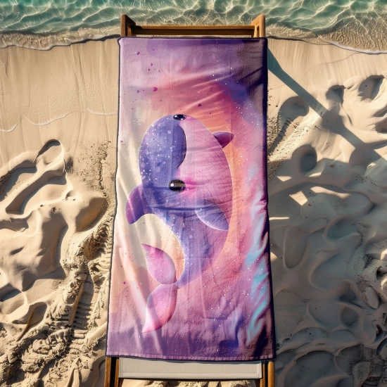 Ogromny ręcznik plażowy XXL z motywem baśniowego wieloryba rozłożony w całości na drewnianym leżaku