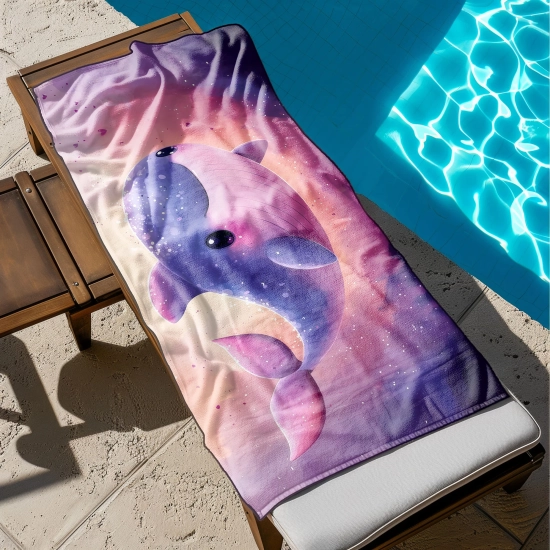 Szybkoschnący ręcznik XXL na leżak z nadrukiem fioletowego wieloryba rozłożony przy błękitnej wodzie basenu