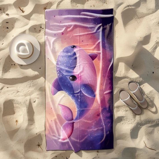 Rozłożony płasko na piasku chłonny ręcznik gigant z mikrofibry z motywem kosmicznego wieloryba obok kapelusza