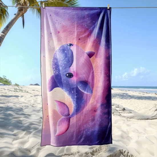 Duży szybkoschnący ręcznik z mikrofibry w fioletowego wieloryba zawieszony pionowo na sznurku na plaży - TwójDomNa5.pl