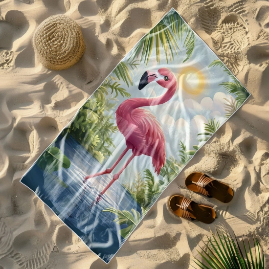 Szybkoschnący ręcznik w egzotycznego flaminga na plaży obok słomkowego kapelusza, brązowych klapków i liścia palmy.