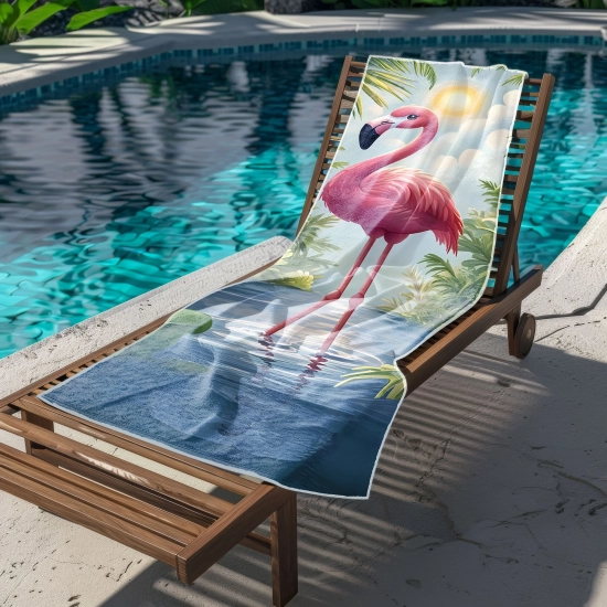 Rozłożony na leżaku basenowym szybkoschnący ręcznik z różowym flamingiem, w tle woda w basenie i zieleń.