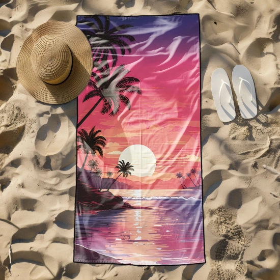 Odporny na piasek ręcznik na leżak hotelowy w purpurowo różowych barwach retro, rozłożony na piasku - TwójDomNa5.pl