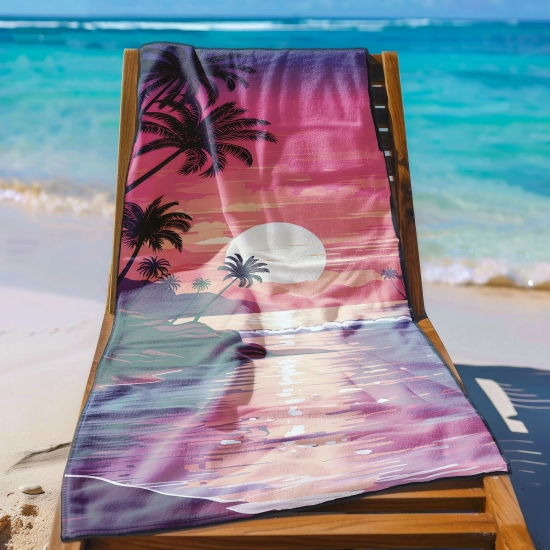 Ręcznik plażowy XXL 100x180 z egzotycznym, neonowym krajobrazem rozłożony na leżaku - TwójDomNa5.pl