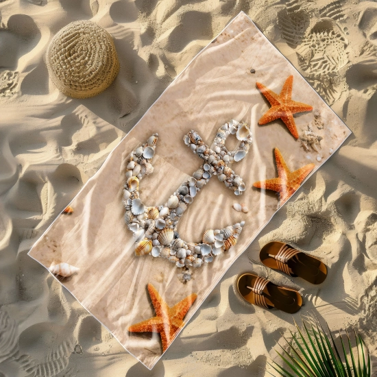 Wielki ręcznik plażowy Serena z kotwicą z muszli i rozgwiazdami, leżący na piasku obok słomkowego kapelusza i brązowych klapków