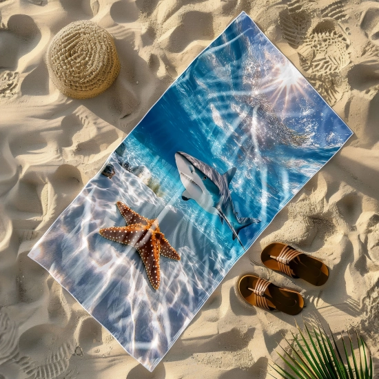 Wielki ręcznik plażowy Serena z drapieżnym rekinem morskiego, leżący na piaszczystej plaży obok słomkowego kapelusza