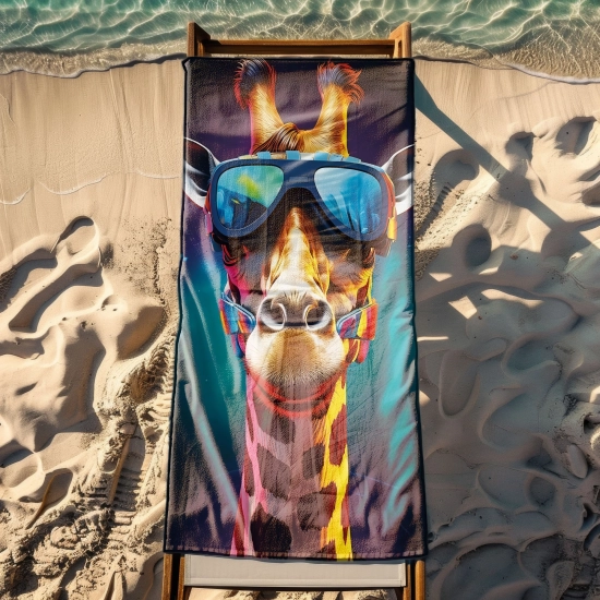Ogromny ręcznik plażowy XXL z pop-artowym motywem zwierzęcym rozłożony w całości na drewnianym leżaku na plaży