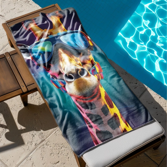 Szybkoschnący ręcznik XXL na leżak z odważnym nadrukiem rozłożony przy basenie