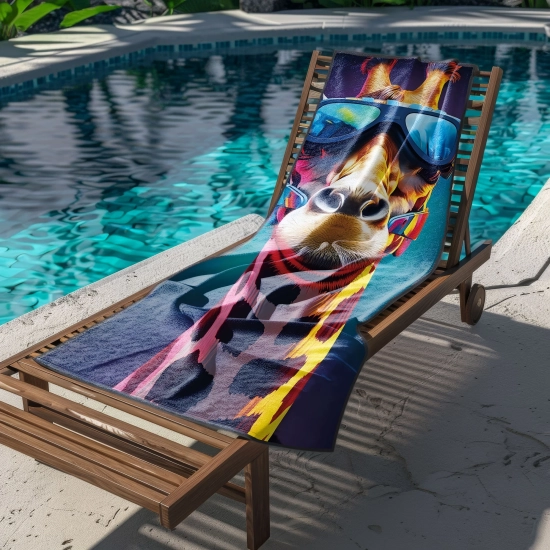 Rozłożony w całości na leżaku basenowym chłonny ręcznik gigant z mikrofibry z radosnym, zwierzęcym wzorem