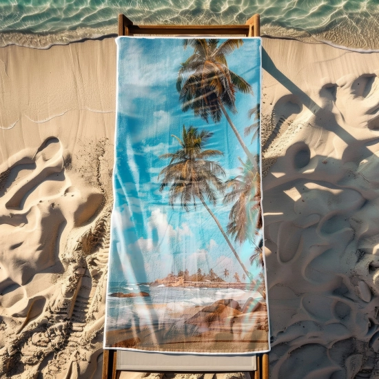 Ogromny ręcznik plażowy XXL z motywem letniej idylli rozłożony w całości na drewnianym leżaku przy basenie