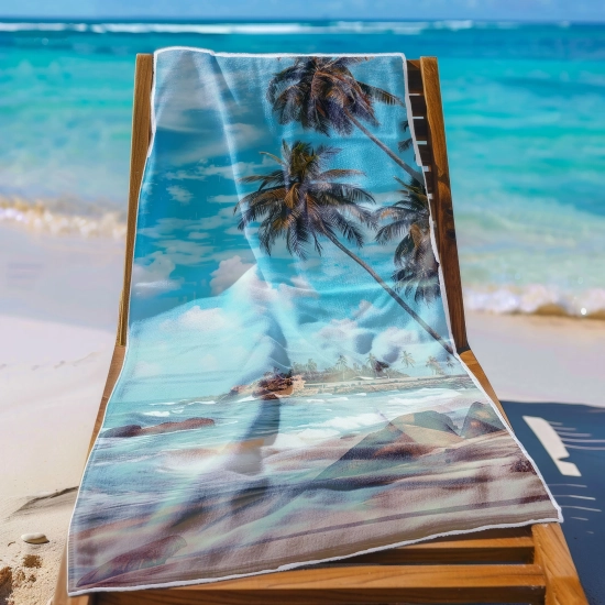 Ręcznik plażowy XXL 100x180 z wakacyjnym krajobrazem rozłożony na leżaku na tle oceanu - TwójDomNa5.pl