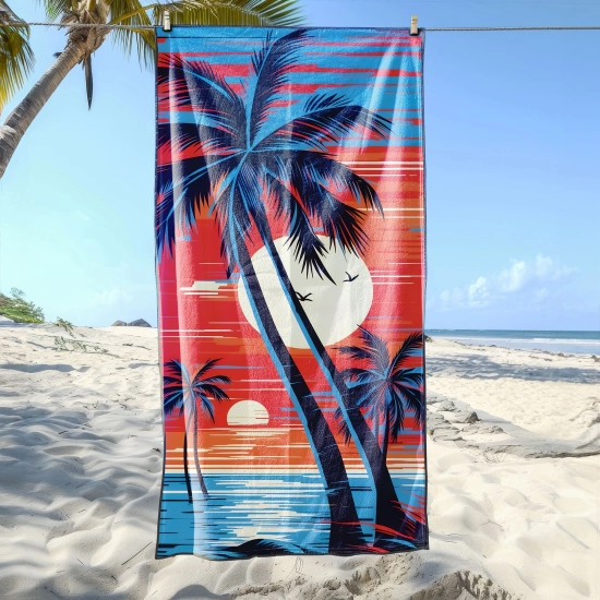 Szybkoschnący ręcznik plażowy ze wzorem zachodu słońca nad oceanem zawieszony pionowo na sznurku na słonecznej tropikalnej plaży