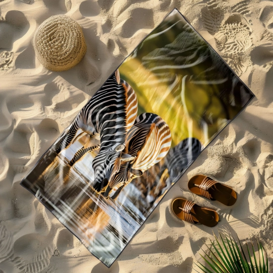 Lekki ręcznik plażowy z motywem afrykańskich zebr na sawannie, leżący na piaszczystej plaży obok kapelusza i klapek