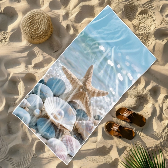 Ręcznik plażowy niełapiący piasku ze wzorem muszli i morskich kamieni ułożony ukośnie na plaży