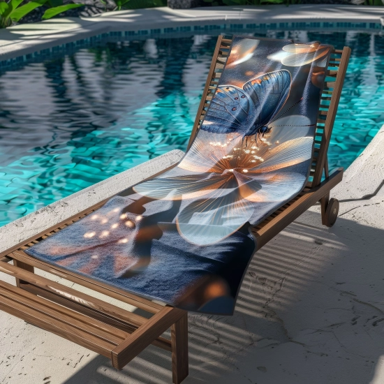 Chłonny ręcznik na cały leżak ze wzorem błękitnego motyla na leżaku przy basenie - TwójDomNa5.pl