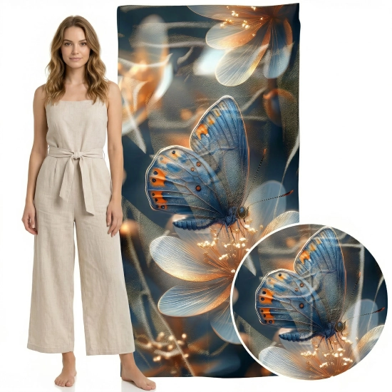 Kobieta w lnianym kombinezonie stojąca obok dużego ręcznika ze wzorem mistycznego motyla
