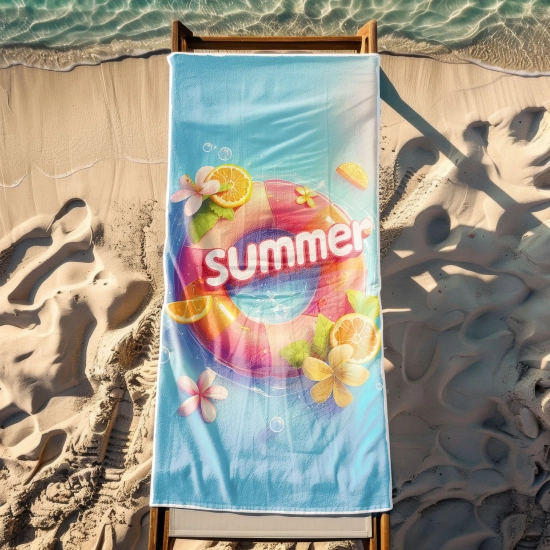Chłonny ręcznik na basen ze słowem summer i owocami na leżaku basenowym - TwójDomNa5.pl