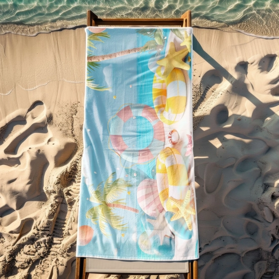 Chłonny ręcznik na basen ze wzorem plaży i palm rozłożony na drewnianym leżaku
