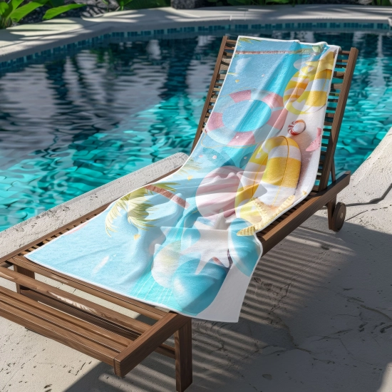 Ręcznik plażowy niełapiący piasku rozłożony na drewnianym leżaku hotelowym przy wodzie