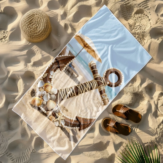 Ręcznik plażowy XXL niełapiący piasku ze wzorem rustykalnej kotwicy ułożony ukośnie