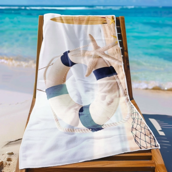 Ręcznik plażowy szybkoschnący Surfing i Koło na leżaku na słonecznej plaży