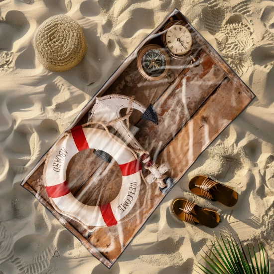 Ręcznik plażowy niełapiący piasku ze wzorem starego pokładu i kotwicy na piasku
