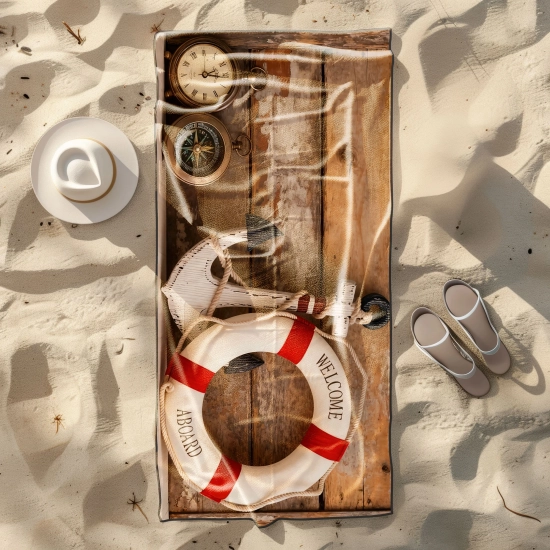Ręcznik plażowy Sand-Free z morskim motywem na piasku obok sandałów i kapelusza