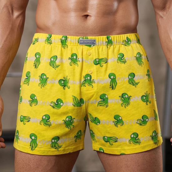 Żółte bokserki męskie wzorzyste 100% bawełna ośmiornice na modelu Cotton World