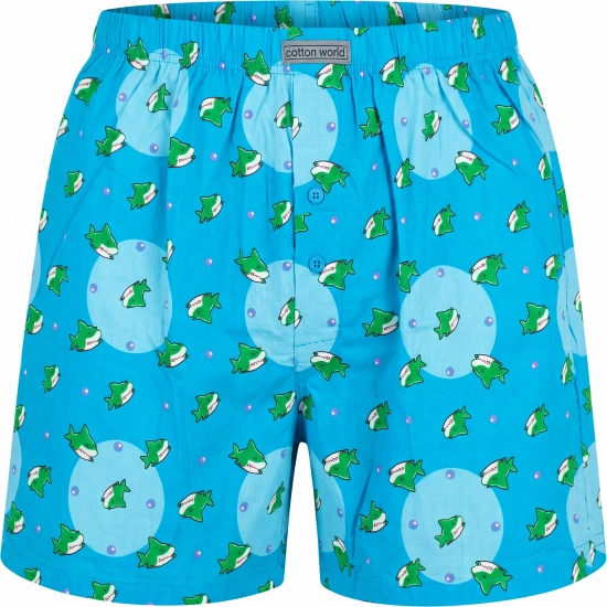 Luźne bokserki męskie bawełniane Cotton World błękitne w zielone rekiny