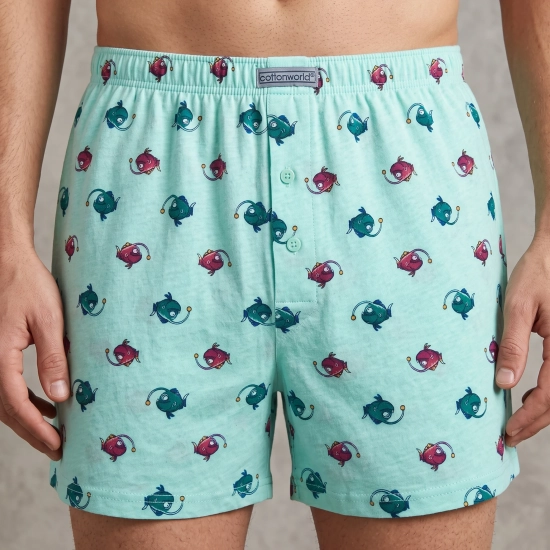 Miętowe bokserki męskie wzorzyste 100% bawełna ryby na modelu Cotton World