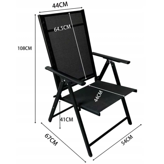 Zdjęcie techniczne krzesła ogrodowego Sierra z zaznaczonymi wymiarami: wysokość 108 cm, szerokość 54 cm, głębokość 67 cm, wysokość siedziska 41 cm oraz wymiary oparcia.