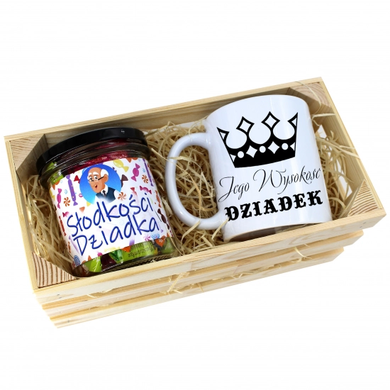 PREZENT DLA DZIADKA KOMPLET KUBEK I SŁODYCZE W SKRZYNCE DZIADEK UPOMINEK