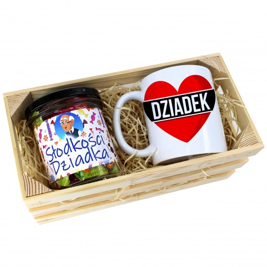 PREZENT DLA DZIADKA KOMPLET KUBEK I SŁODYCZE W SKRZYNCE DZIADEK UPOMINEK