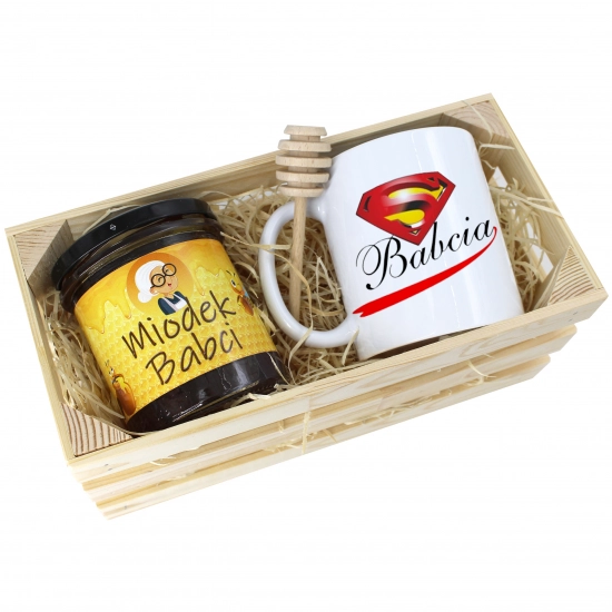 PREZENT DLA BABCI KOMPLET KUBEK MIÓD NATURALNY SKRZYNCE BABCIA UPOMINEK