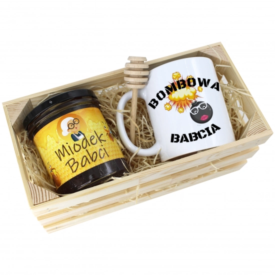 PREZENT DLA BABCI KOMPLET KUBEK MIÓD NATURALNY SKRZYNCE BABCIA UPOMINEK