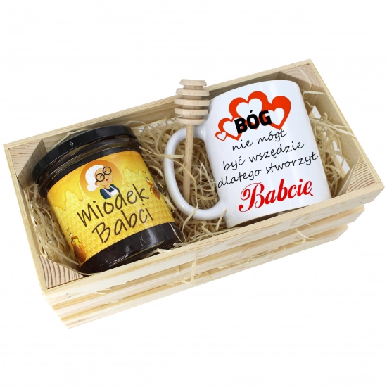 PREZENT DLA BABCI KOMPLET KUBEK MIÓD NATURALNY SKRZYNCE BABCIA UPOMINEK