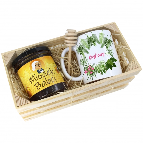 PREZENT DLA BABCI KOMPLET KUBEK MIÓD NATURALNY SKRZYNCE BABCIA UPOMINEK