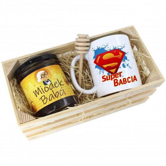 PREZENT DLA BABCI KOMPLET KUBEK MIÓD NATURALNY SKRZYNCE BABCIA UPOMINEK