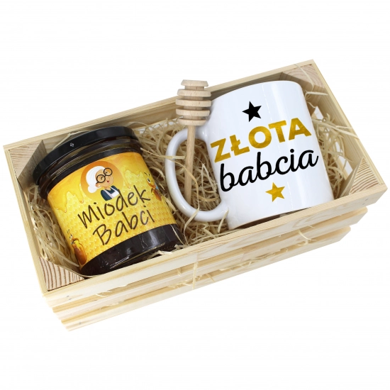PREZENT DLA BABCI KOMPLET KUBEK MIÓD NATURALNY SKRZYNCE BABCIA UPOMINEK