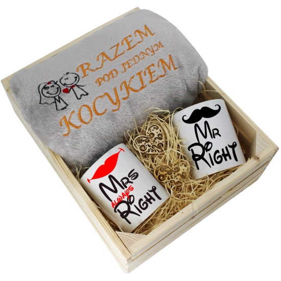 PREZENT ŚLUBNY ZESTAW KOC 160x200 + KUBKI ŻONA MĄŻ