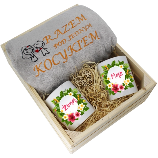 PREZENT ŚLUBNY ZESTAW KOC 160x200 + KUBKI ŻONA MĄŻ